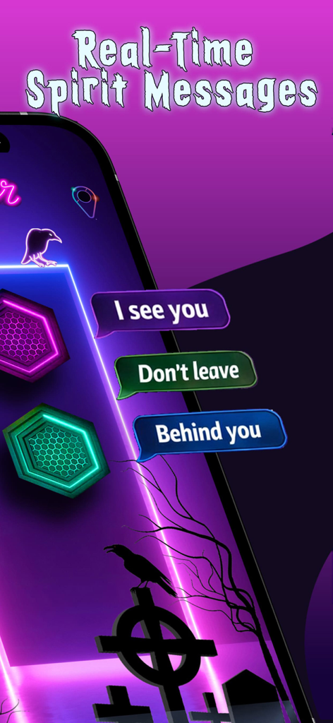 Spirit Entities Talker - Smartphone screen displaying Spirit Entities Talker app with real-time spooky messages like I see you over a graveyard background