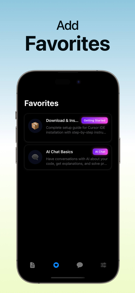 Base44ガイドアプリのお気に入りセクションで、AIチャットとインストールのチュートリアルカテゴリを表示するモバイル画面。