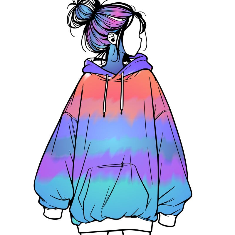 realistic girl with a oversized sweatshirt on and a bun