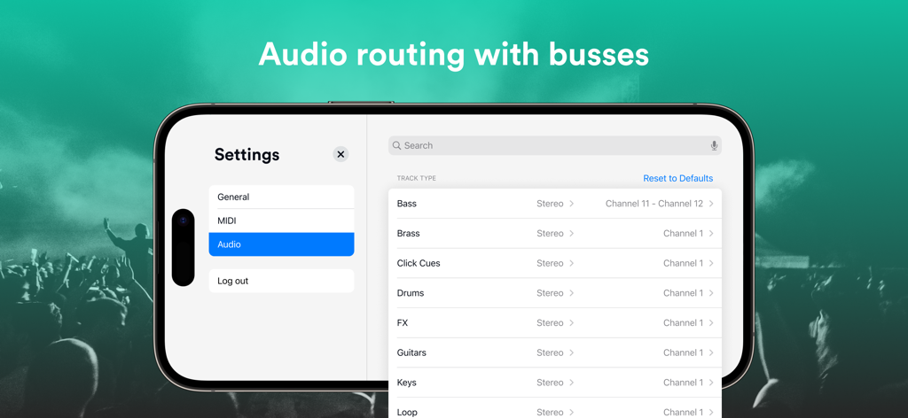 Prime MultiTrack App - Settings screen of the Prime MultiTrack App showing audio routing options for various instrument tracks and busses.