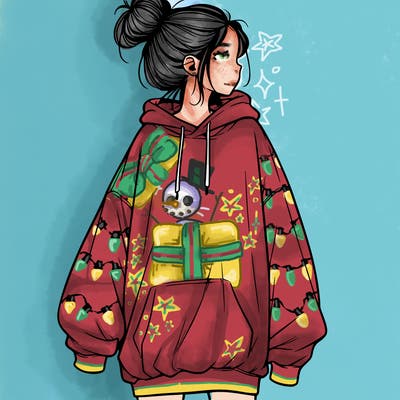 realistic girl with a oversized sweatshirt on and a bun