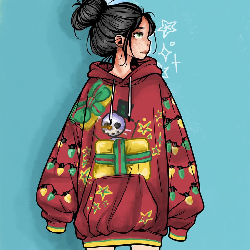realistic girl with a oversized sweatshirt on and a bun