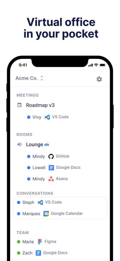 Tandem Chat - Tandem Chat mobile app showing real-time team status and virtual rooms