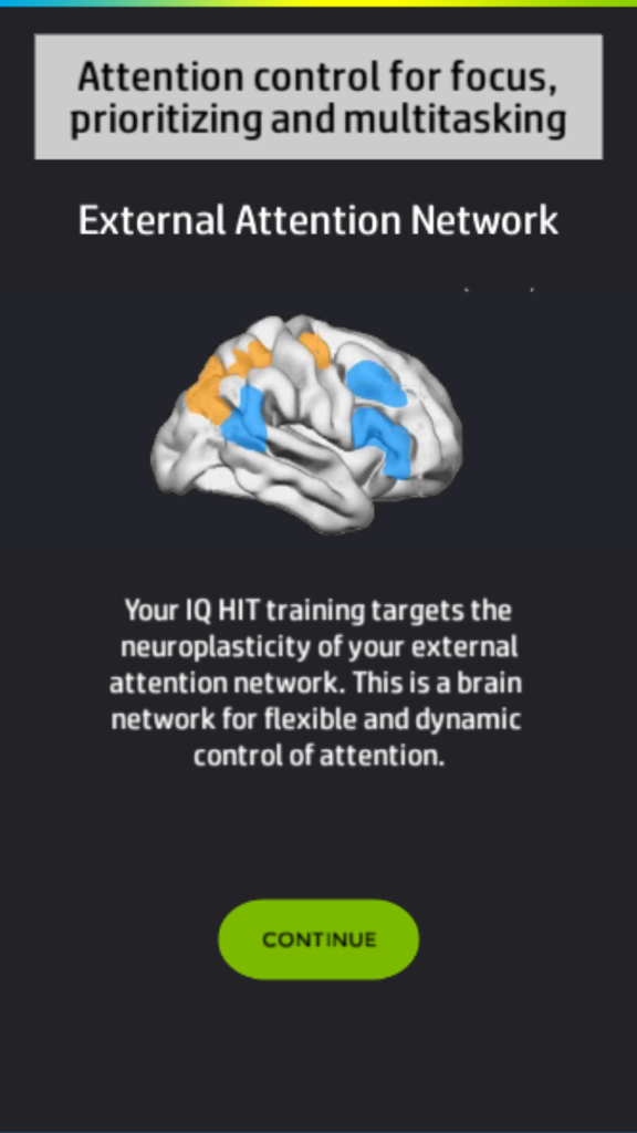 Dual N Back Pro app screen showing a 3D brain model highlighting the external attention network for focus and multitasking