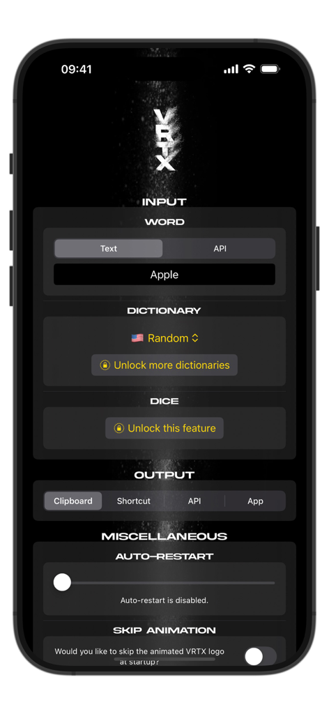 VRTX - Painel do aplicativo VRTX mostrando opções de configuração para seleção de dicionário de palavras de entrada e métodos de saída para rotinas de mágica