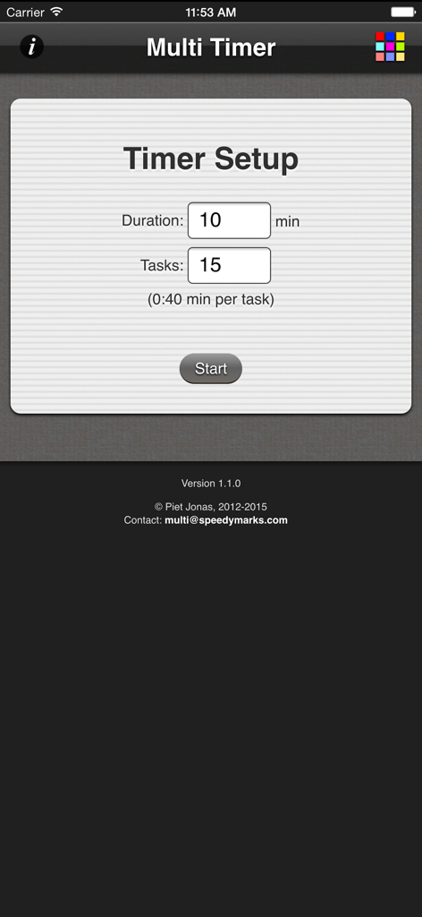 Tela de configuração do aplicativo Multi Task Timer mostrando opções para definir a duração total e o número de tarefas para controle de ritmo.