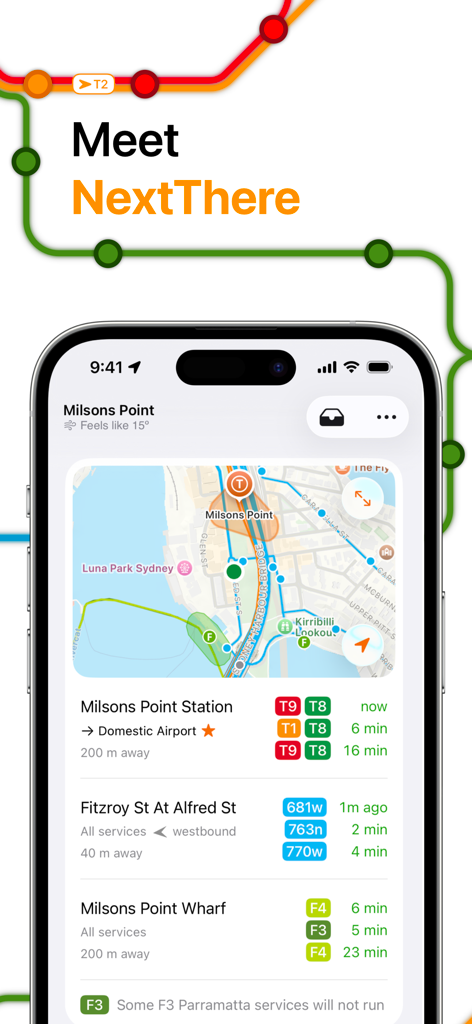 NextThere app interface showing real-time train bus and ferry departure times with a local station map