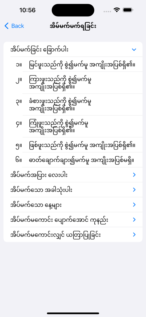 Interfaccia dell'app Dreams 1000 con elenco di interpretazione dei sogni in birmano