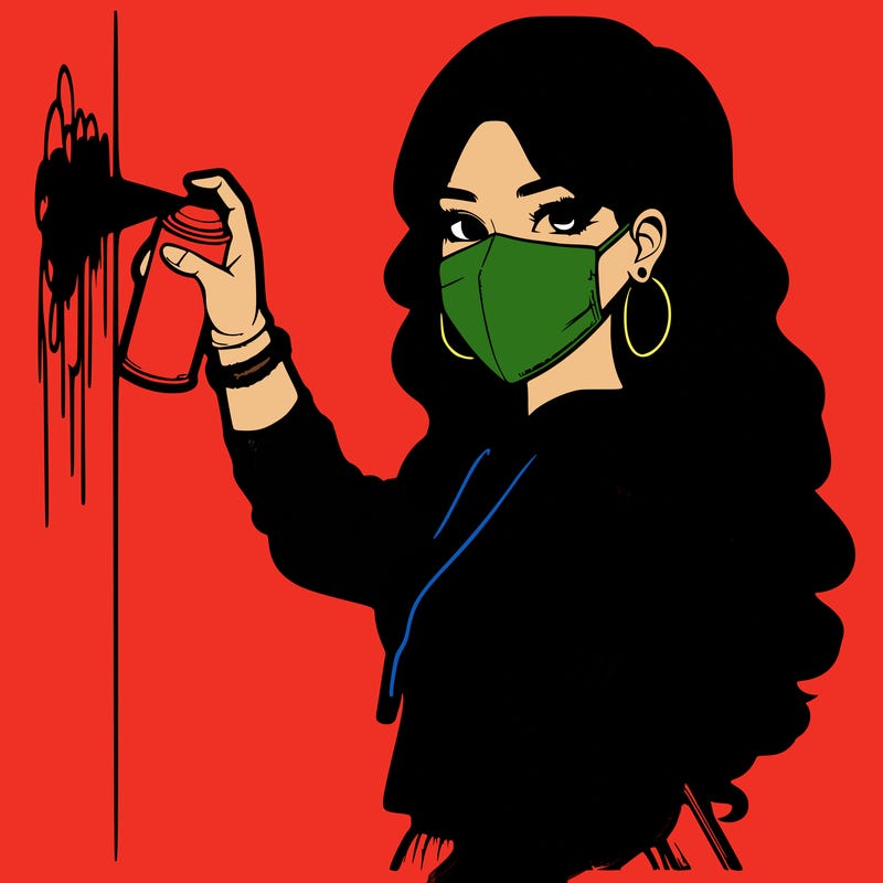 realistic girl with mask spray painting a wall