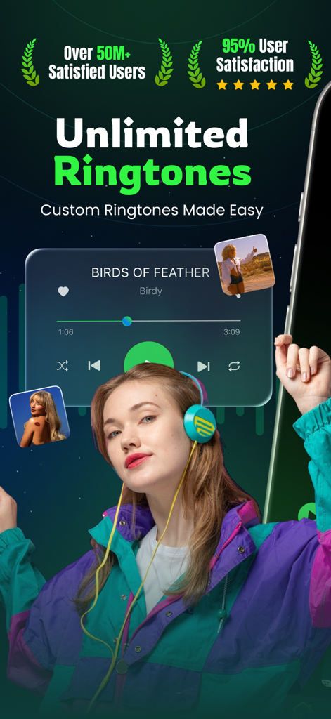 iRingtone: Spotify & YouTube - Una pantalla promocional de la aplicación iRingtone que muestra a un usuario con auriculares y texto anunciando tonos de llamada personalizados ilimitados.