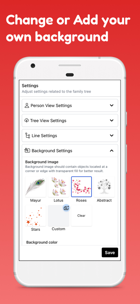 Family Tree Maker Offline - Background settings screen in the Family Tree Maker Offline app showing various decorative image and color options for a family tree.