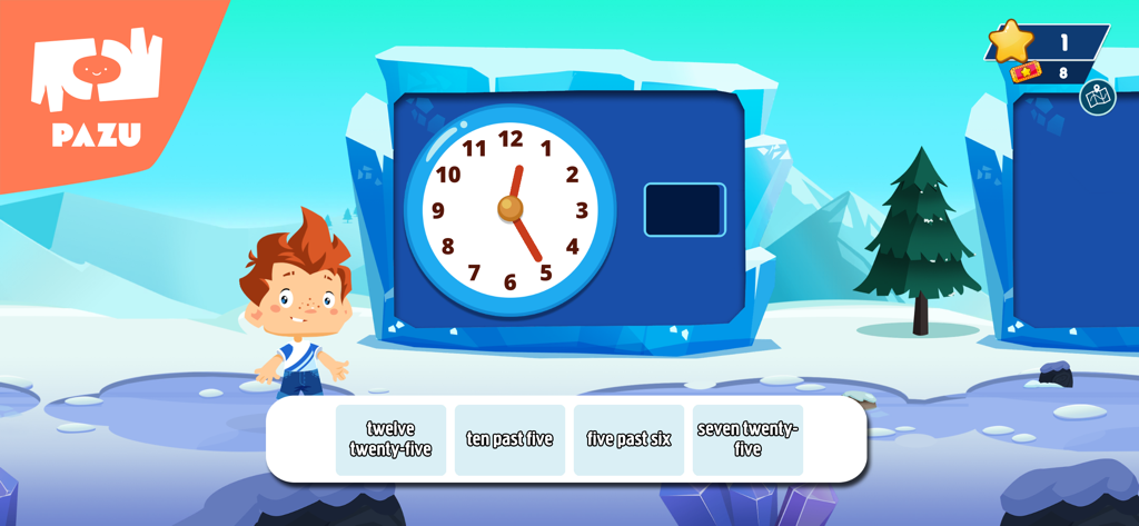 Math Games For Kids - Grade 3 - A 3rd grade math game by Pazu showing a child learning to tell time on an analog clock in a snowy landscape