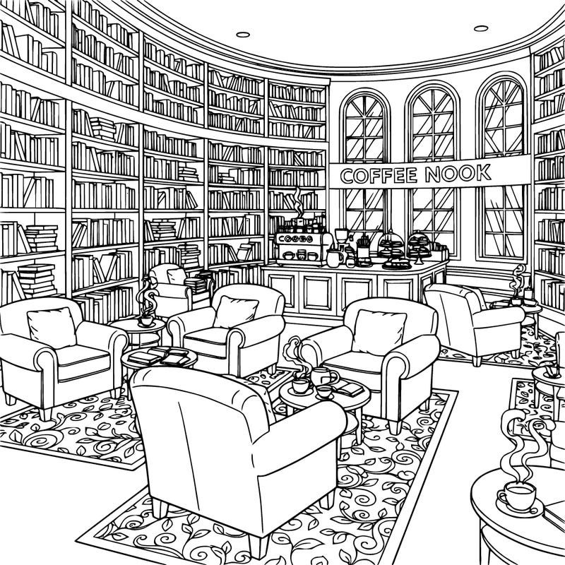 large library, with a coffee shop, oversized chairs, cozy