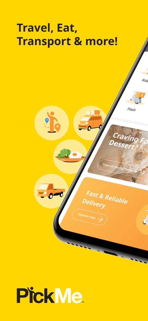 PickMe Sri Lanka app screen showing transport food and delivery services on a yellow background