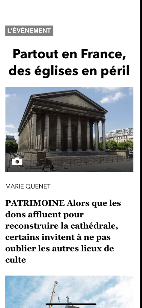 Article layout in the JDD legacy app featuring a headline about French churches in danger
