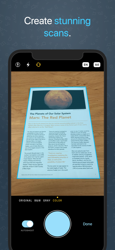 Prizmo › Edu/Biz (Volume Ed.) - Prizmo app interface scanning a document about the solar system on a wooden table.