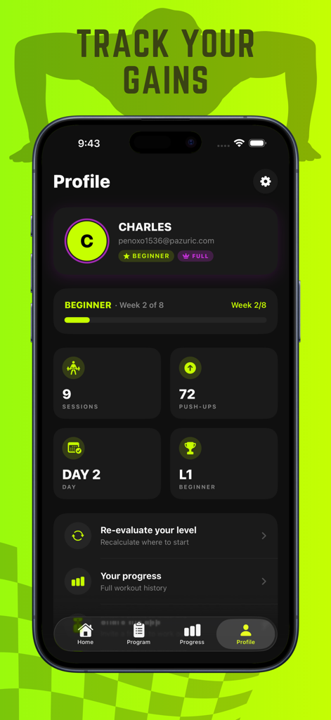 PushUp365 - Push Ups Counter - Panel de perfil de usuario que muestra sesiones de entrenamiento y progreso de flexiones.