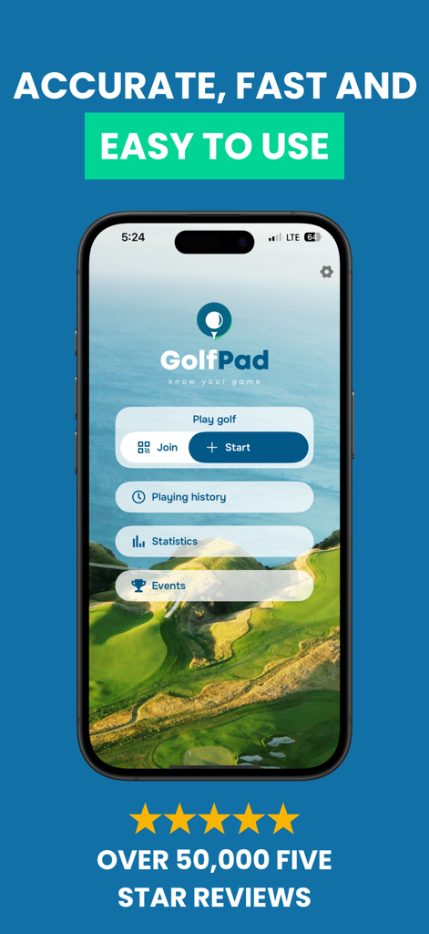 Golf Pad GPS Range Finder home screen on iPhone with menu for play history and statistics.