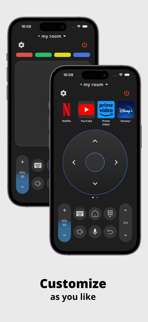 Interfaz de una aplicación de mando personalizable para Android TV en iPhone
