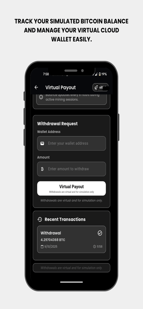 BTC Mining Cloud Sim - Virtual payout and withdrawal request interface of the BTC Mining Cloud Sim app