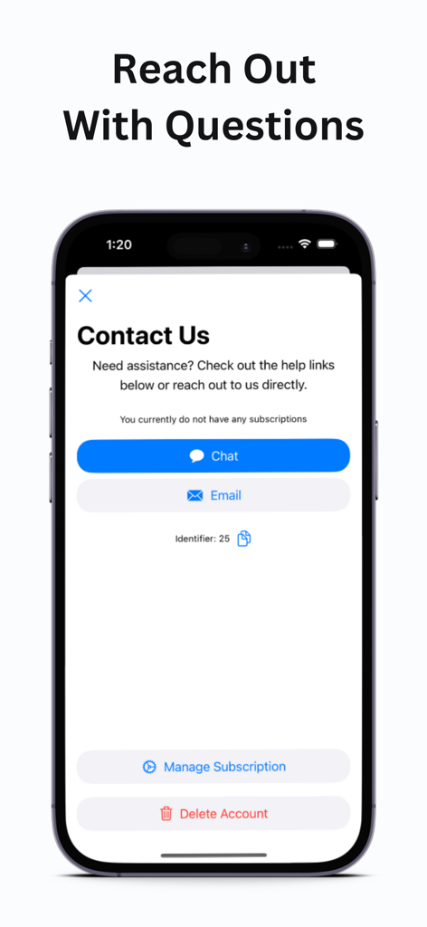 Roomie app support screen showing contact options via chat and email with account management buttons