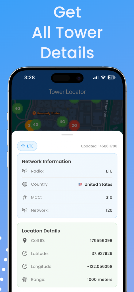 CellMapper - Interface showing detailed network and location data for a cellular tower in the United States