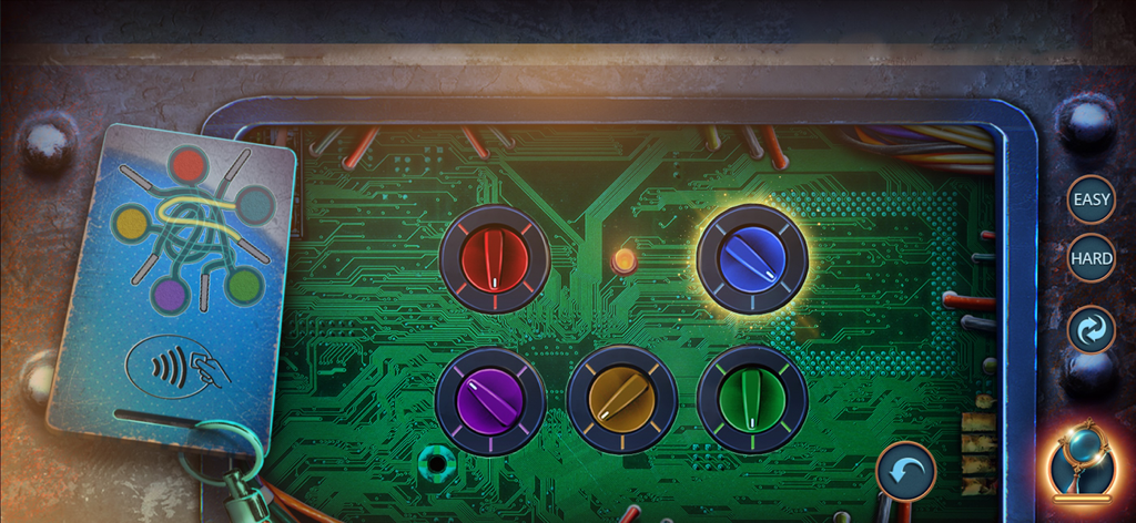 Unsolved Case: Script - A circuit board puzzle with colored knobs and a wiring diagram in the detective game Unsolved Case Script