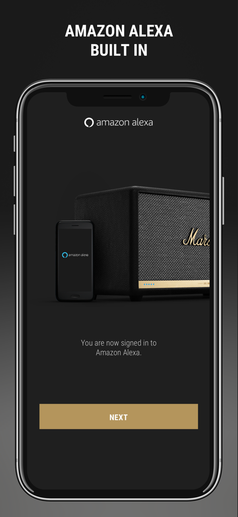 Marshall Voice - Captura de pantalla de la aplicación Marshall Voice en un iPhone que muestra una pantalla de inicio de sesión exitosa de Amazon Alexa con una imagen de un altavoz Marshall.