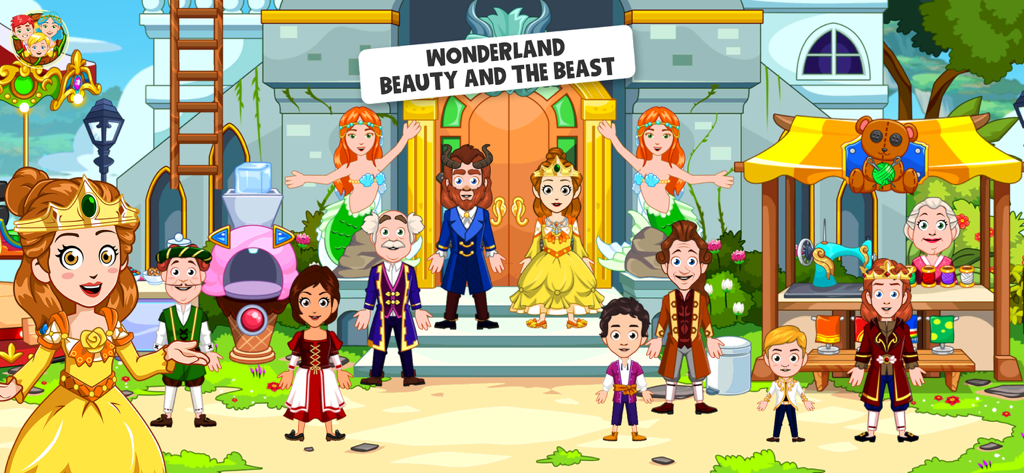 Wonderland : Beauty & Beast - A group of colorful cartoon characters including a princess and a beast standing in front of a fairy tale castle in Wonderland Beauty and the Beast.