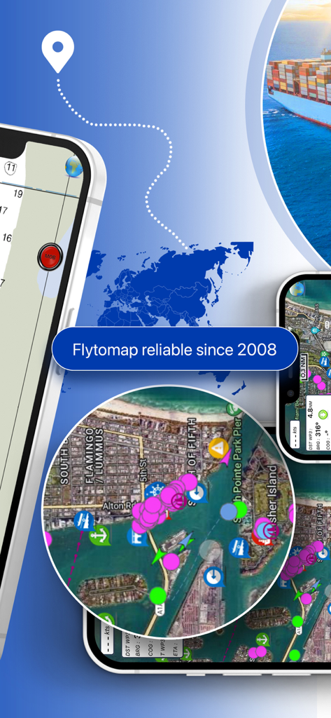 Flytomap All in One HD Charts - Mobile screens displaying Flytomap nautical charts and outdoor navigation tools.