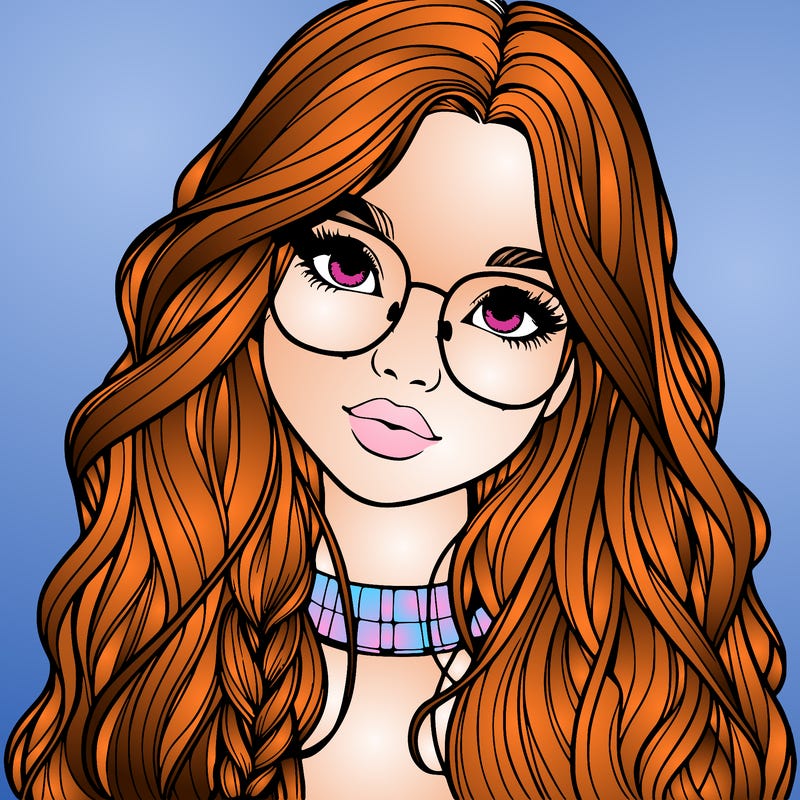 girl with long hair and freckles and glasses realistic
