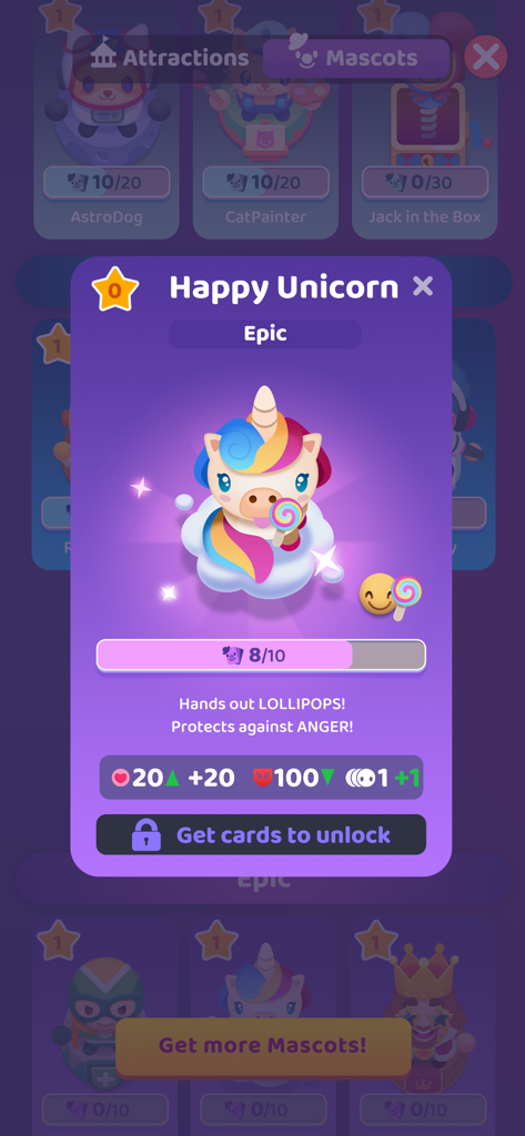 Overcrowded Tycoonの特別な能力を持つハッピーユニコーンのエピックマスコットカード。