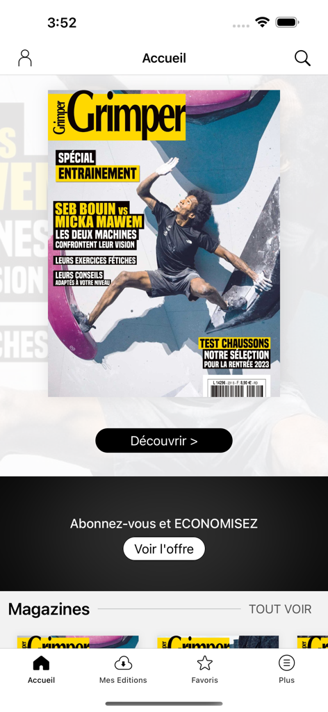 Grimper - Grimper app home screen showing a digital magazine cover featuring professional climbers and a training special