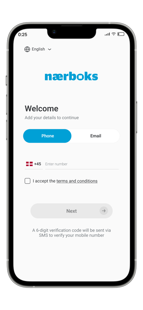 Ecrã de boas-vindas da aplicação Naerboks para acesso a cacifos de encomendas, mostrando as opções de início de sessão por telefone e e-mail.