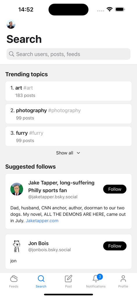 Graysky, a Bluesky client - The search screen of the Graysky app featuring a search bar trending topics and suggested accounts to follow