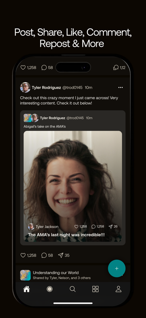 Chatter Social - A screenshot of the Chatter Social mobile app showing a user post with an image of a smiling woman and social interaction icons for liking and commenting.