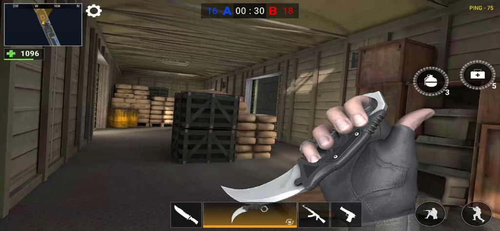 Modern Gun: Shooting War Games - First person view of a player holding a curved tactical knife in a warehouse during a match in Modern Gun
