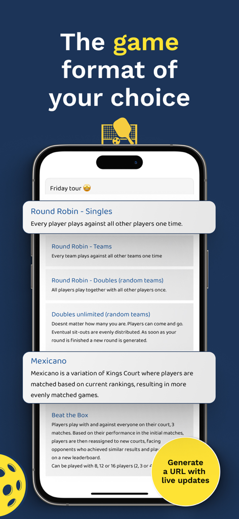 Round Robin Assistant - ラウンドロビンアシスタントアプリのさまざまなトーナメントフォーマットを示すスマートフォン画面