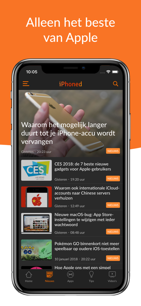 IP - iPhonedアプリのニュースフィード。ダークモードでAppleテクノロジーに関する記事が表示されています