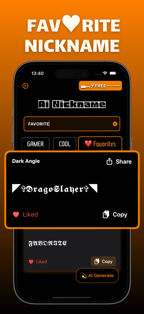 Screenshot of the Nickname Generator for Gamer app showing a saved favorite nickname in a stylish font with options to copy and share.