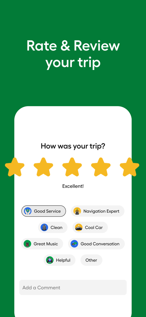 MARTI: TAG & Scooter - Interface of the Marti app for rating a trip with five stars and feedback tags such as Good Service and Navigation Expert