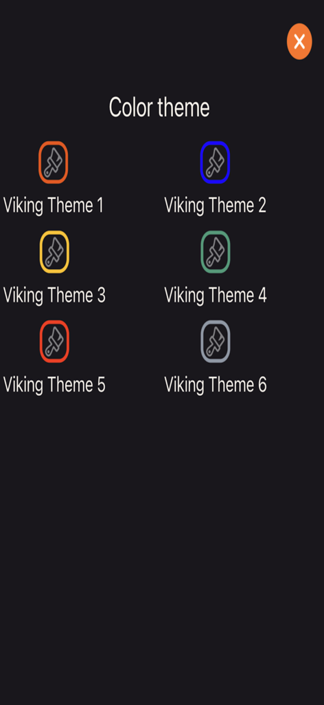 Interfaz de la aplicación Traductor de Runas mostrando seis opciones diferentes de tema de color vikingo para personalizar la apariencia de la aplicación