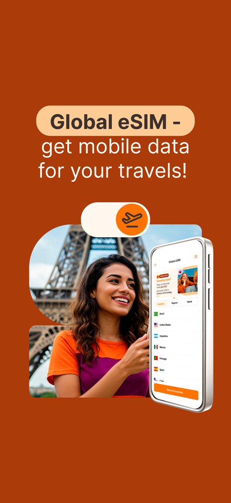 A woman traveling in Paris using the Inter app global eSIM feature for mobile data