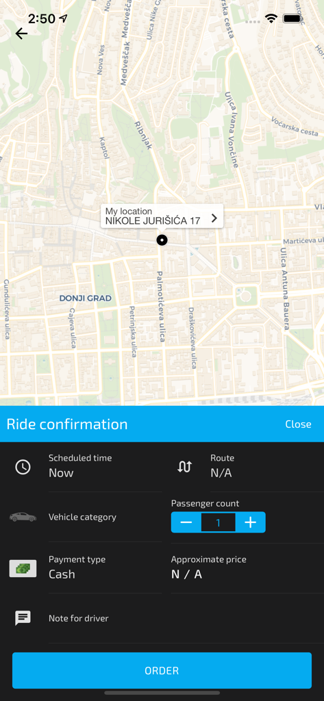 TAXI 1717 앱의 탑승 확인 화면, 지도와 차량 유형 및 결제 옵션 표시