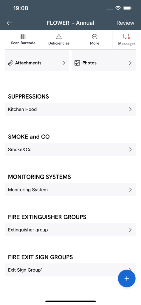 Inspect Point mobile app showing a fire safety inspection checklist for building maintenance