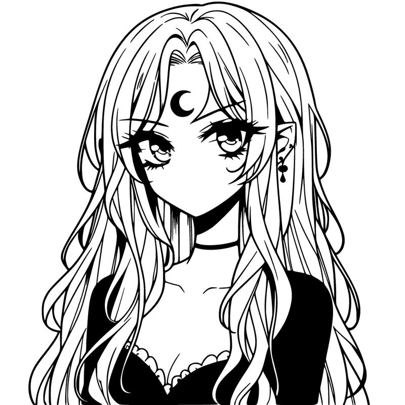 anime beautiful vampire mean girl, small crescent moon tattoo on forehead, long light hair, attitude