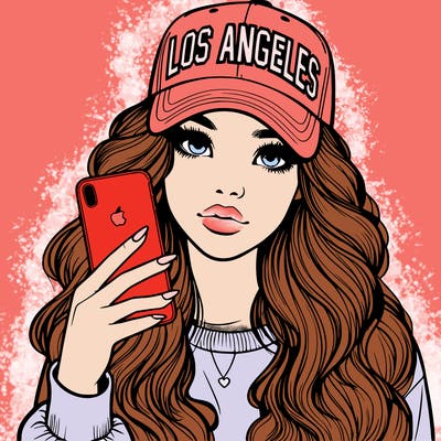 realistic beautiful girl wearing los ángeles cap holding an iphone