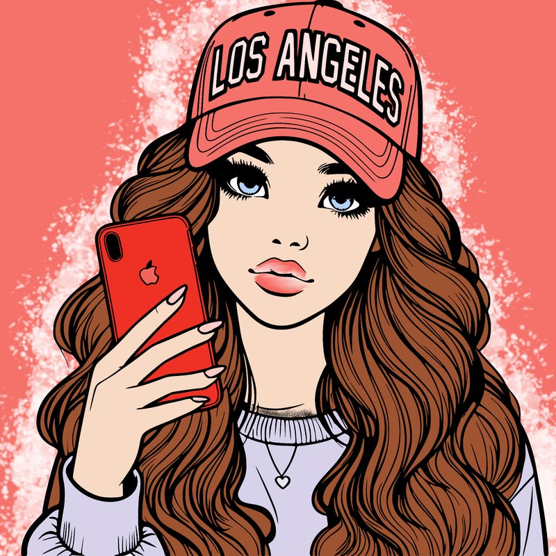 realistic beautiful girl wearing los ángeles cap holding an iphone
