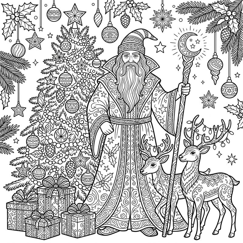 Dive into a magical holiday season with this intricate adult coloring page featuring a wise wizard amidst a festive Christmas scene. Experience the joy of detailed artistry as you bring this enchanting design to life.