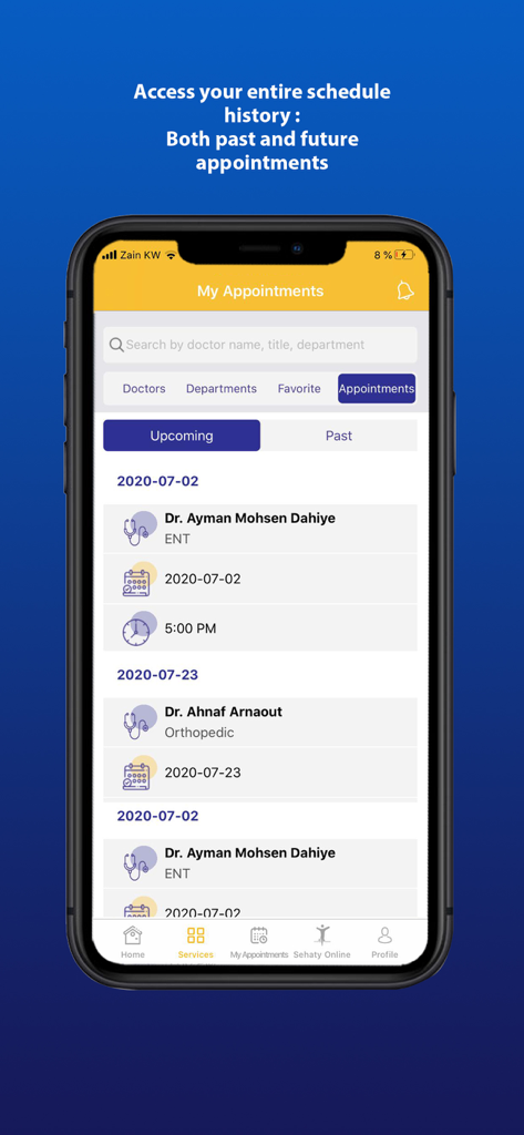 Dar Al Shifa - Mobile screen of Dar Al Shifa app showing a list of upcoming medical appointments with doctor names and specialties